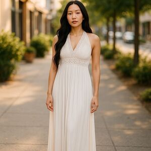 Water Lily Macrame Crochet Crinkle Gauze Halter Maxi White Dress M